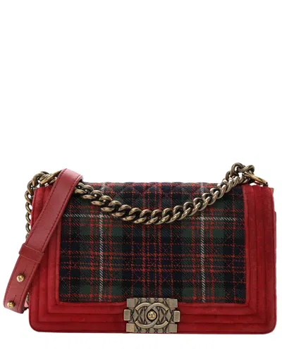 Pre-owned Chanel Velvet Quilted Plaid Tartan Medium Boy Flap Bag (authentic )