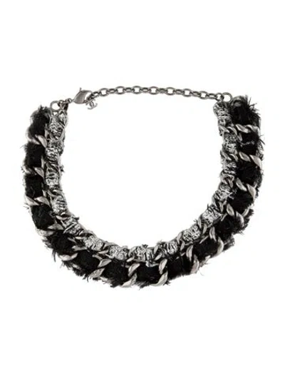 Pre-owned Chanel Velvet Woven Curb Link Choker Necklace, 16" In Black/silver