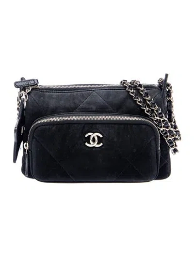 Pre-owned Chanel Velvet-effect Nylon Clutch W/ Chain In Black