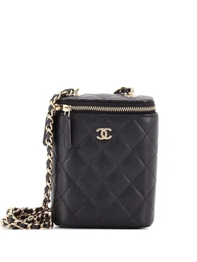 Pre-owned Chanel Vertical Classic Vanity Case With Chain Quilted Caviar Small Shoulder Bag In Black