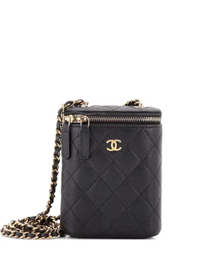 Pre-owned Chanel Vertical Classic Vanity Case With Chain Quilted Caviar Small Shoulder Bag In Black