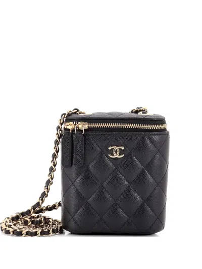 Pre-owned Chanel Vertical Classic Vanity Case With Chain Quilted Caviar Small Shoulder Bag In Black