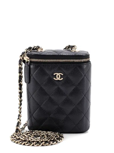 Pre-owned Chanel Vertical Classic Vanity Case With Chain Quilted Caviar Small Shoulder Bag In Black
