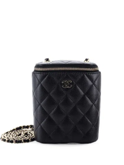 Pre-owned Chanel Vertical Classic Vanity Case With Chain Quilted Caviar Small Shoulder Bag In Black