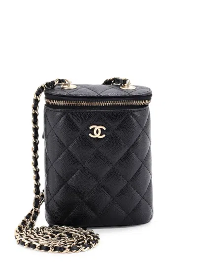 Pre-owned Chanel Vertical Classic Vanity Case With Chain Quilted Caviar Small Shoulder Bag In Black