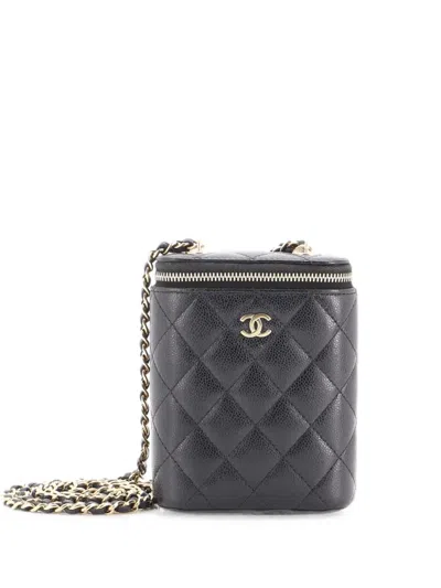 Pre-owned Chanel Vertical Classic Vanity Case With Chain Quilted Caviar Small Shoulder Bag In Black