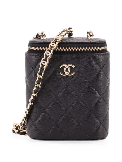 Pre-owned Chanel Vertical Tiny Cc Link Vanity Case With Chain Quilted Caviar Small Pouch In Black