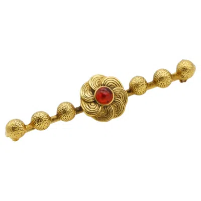 Pre-owned Chanel Vintage 1950s Ruby Gold Cabochon Flower Long 6 Dots Ball Barrette Brooch In Multi