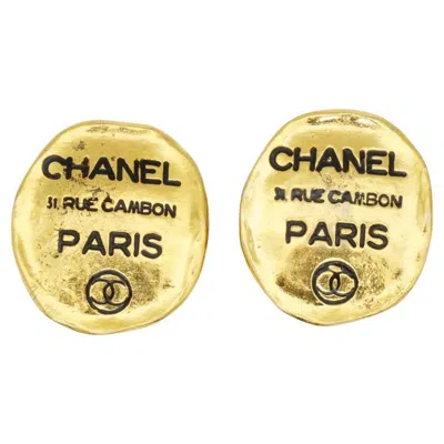 Pre-owned Chanel Vintage 1980s Gold Black Logo Cc 31 Rue Cambon Paris Large Oval Earrings