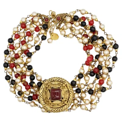 Pre-owned Chanel Vintage 1984 Rare Gripoix Ruby Pearls Onyx Gold Choker Strands Necklace In Black