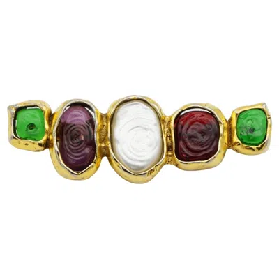 Pre-owned Chanel Vintage 1985 Gripoix Ruby Emerald Amethyst Pearl White Cabochon Brooch