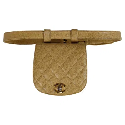 Pre-owned Chanel Vintage 1990s Beige Caviar Leather Quilted Belt Bag Sz 85/34" In Brown