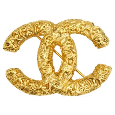 Pre-owned Chanel Vintage 1993 Gold Iconic Lava Baroque Embossed Coco Logo Cc Brooch In Red