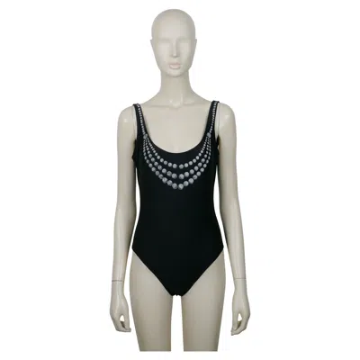 Pre-owned Chanel Vintage 1997 Black One-pïece Swimsuit With Printed Pearls Trompe L'oeil