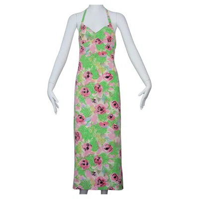 Pre-owned Chanel Vintage 1997  Boutique Camellia Flower Cc Logo Print Long Dress In Gray