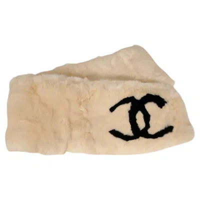 Pre-owned Chanel Vintage 2000's Cc Logo Rabbit Fur Shawl Neck Head Scarf White Tan Black