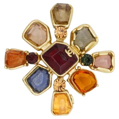 Pre-owned Chanel Vintage 2001 Gripoix Ruby Citrine Sapphire Logo Cc Cross Pendant Brooch In Blue