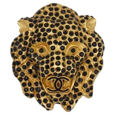 Pre-owned Chanel Vintage 2001 Lion Head Logo Coco Cc Black Crystals Gold Brooch Pendant