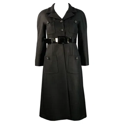 Pre-owned Chanel Vintage Aw07 Size 4 Black Wool Patent Leather 3/4 Sleeves Belted Coat