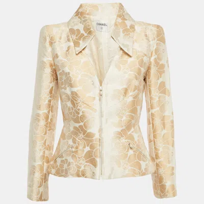 Pre-owned Chanel Vintage Beige/white Floral Jacquard Zip-up Jacket M