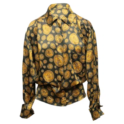 Pre-owned Chanel Vintage Black & Gold  Boutique Coin Print Silk Blouse Size Fr 38
