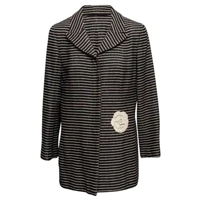 Pre-owned Chanel Vintage Black & White  Wool-blend Striped Camellia Jacket Size Fr 48