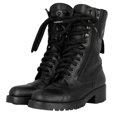 Pre-owned Chanel Vintage Black Leather Cc Combat Boots Sz 36