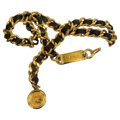 Pre-owned Chanel Vintage Black Leather Gold Chain Link Cc Coin "" Id Tag Belt