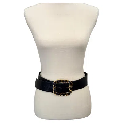 Pre-owned Chanel Vintage Black Wide Leather Belt With Gold Chain-link Buckle
