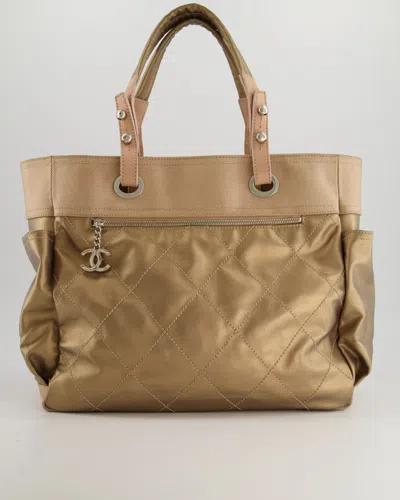 Pre-owned Chanel Vintage Bronze Canvas Shopper Tote Bag With Silver Hardware In Gold