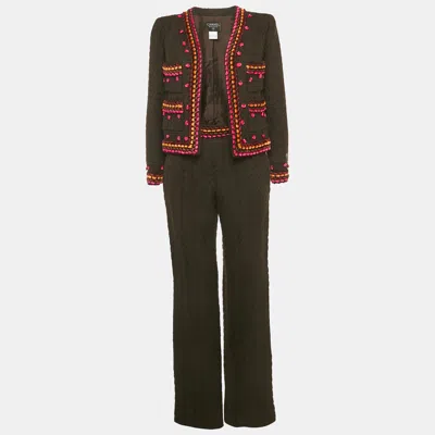 Pre-owned Chanel Vintage Brown Boucle Contrast Detail Open Front Jacket And Pants Set M