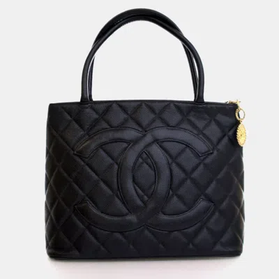 Pre-owned Chanel Vintage Caviar Medallion Tote In Black