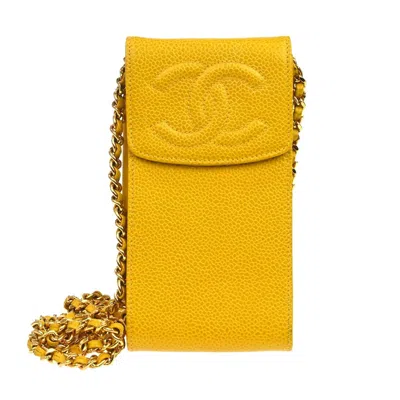 Pre-owned Chanel Vintage Cc Phone Holder Caviar Yellow Leather Clutche & Pouche Bag ()