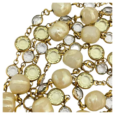 Pre-owned Chanel Vintage  1981 Gold Pearl Crystal Long Designer Runway Necklace In Multi