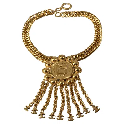 Pre-owned Chanel Vintage  Address Medallion Chain Fringe Cc Logo Choker Necklace In Brown