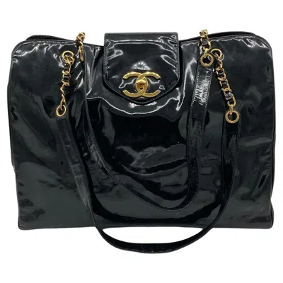 Pre-owned Chanel Vintage  Black Patent Xl Weekender Super Model Tote
