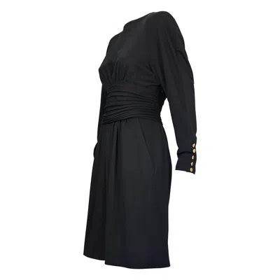 Pre-owned Chanel Vintage  Boutique Cummerbund Button Down Wool Silk Black Dress