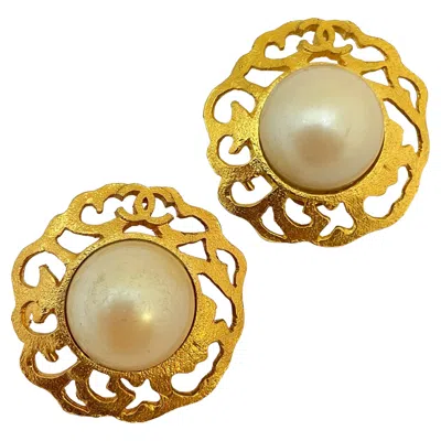 Pre-owned Chanel Vintage  Gold Cc Logo Pearl Designer Runway Clip On Earrings In Multi
