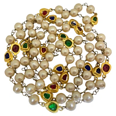 Pre-owned Chanel Vintage  Gold Pearl Gripoix Jewel Long Designer Runway Necklace 1992 In Multi