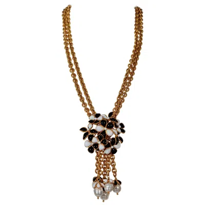Pre-owned Chanel Vintage  Gripoix Camellia Flower Tassel Pearls Multi Layer Chain Necklace