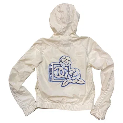 Pre-owned Chanel Vintage  Monogram Logo Cc Floral White Blue Jacket Sport Coat Bomber