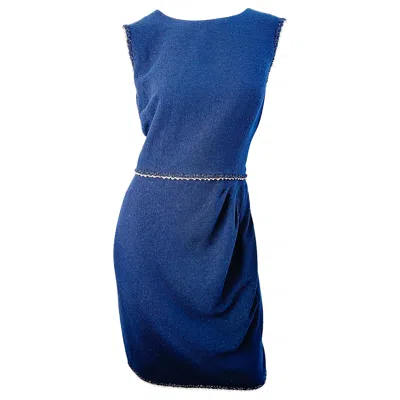 Pre-owned Chanel Vintage  Navy Bouclé Sheath Dress Fr44 Chain Trim Cc Logo Zip In Blue