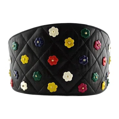 Pre-owned Chanel Vintage  Quilted Colourful Camellia Leather Corset Belt In Black