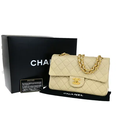 Pre-owned Chanel Vintage Classic Double Flap Bag Quilted Lambskin Leather Shoulder Bag Bag () In Sand