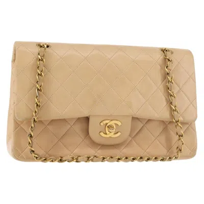 Pre-owned Chanel Vintage Classic Double Flap Bag Quilted Lambskin Leather Shoulder Bag Bag () In Sand