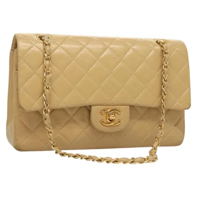 Pre-owned Chanel Vintage Classic Double Flap Bag Quilted Lambskin Leather Shoulder Bag Bag () In Sand