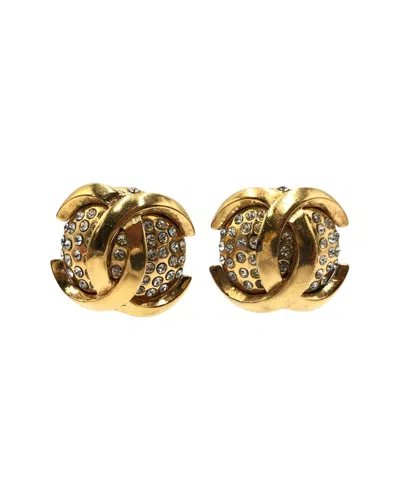 Pre-owned Chanel Vintage Coco Mark Gold Metal Rhinestone Earrings (authentic Pre-loved)