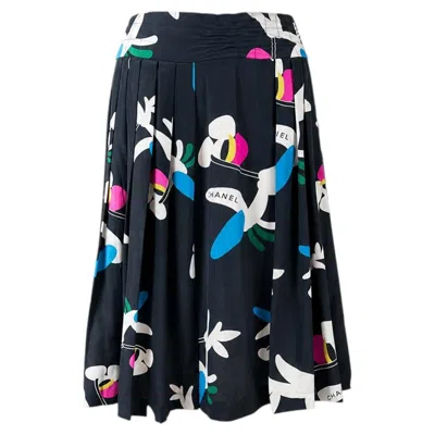 Pre-owned Chanel Vintage Collectors Cc Planes Pleated Skirt 36 Fr In Black