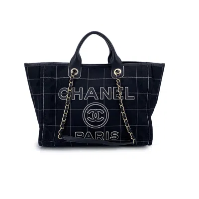 Pre-owned Chanel Vintage Cotton Tote Bag Deauville In Black
