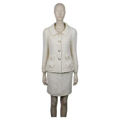 Pre-owned Chanel Vintage Cream Tweed Two-piece Suit With Camellia Buttons In White